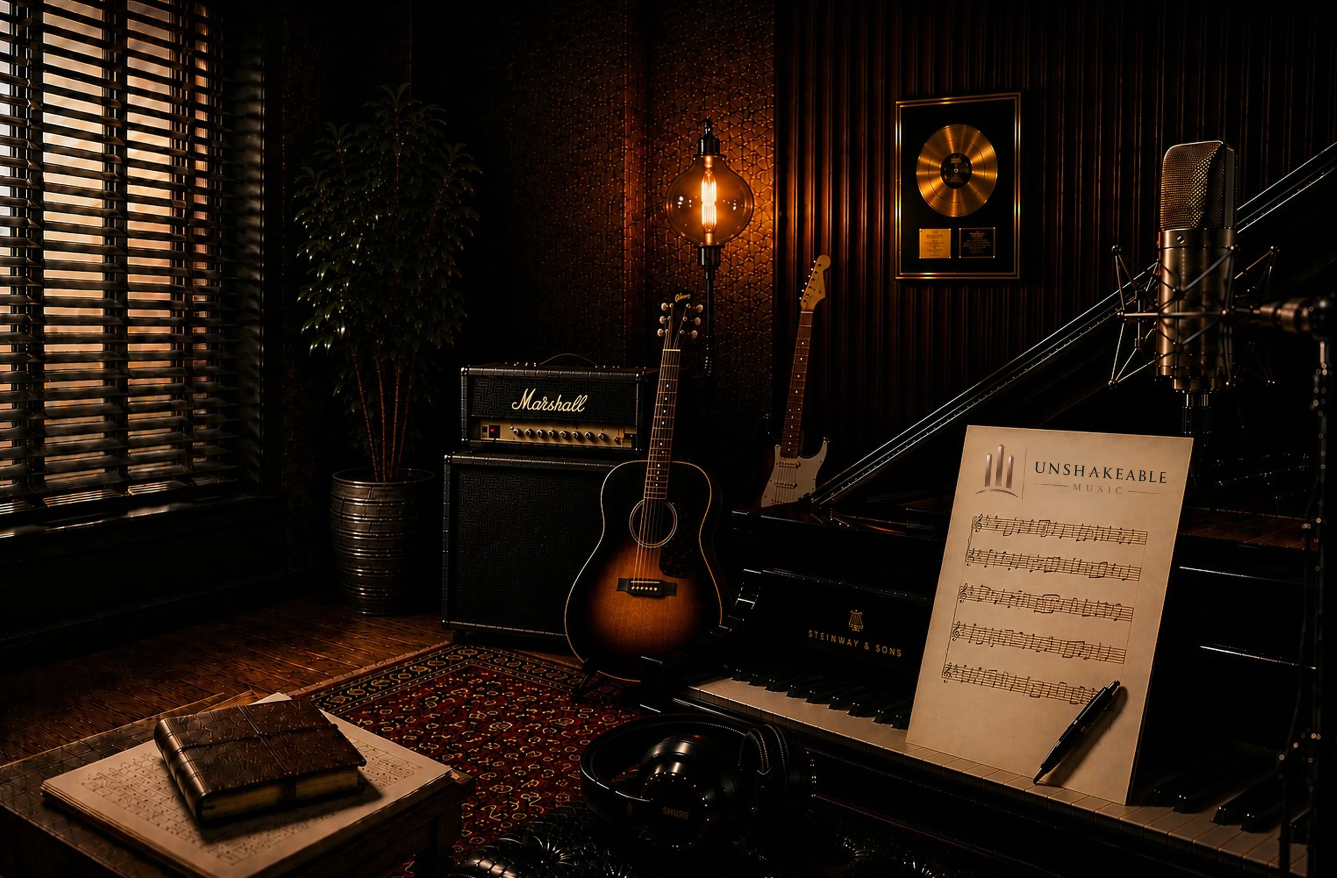 Unshakeable Music recording studio with Steinway piano, Gibson guitar, Marshall amplifier, vintage microphone, and gold record