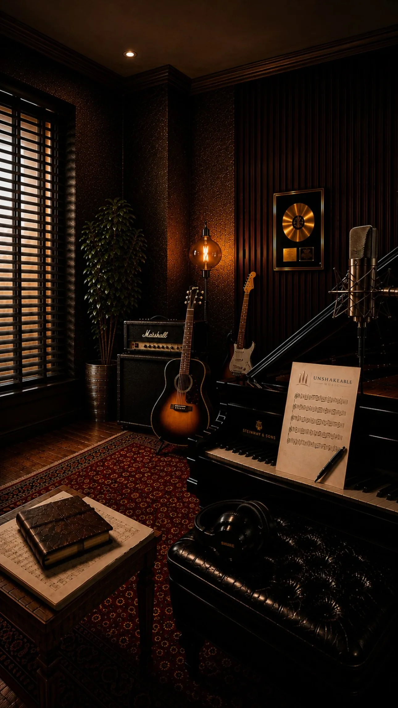 Unshakeable Music recording studio with Steinway piano, acoustic guitar, Marshall amplifier, vintage microphone, and gold record